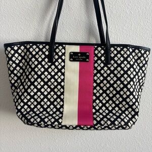 Kate Spade Classic Small Harmony Tote Bag Black and Cream Tote with Pink Stripe